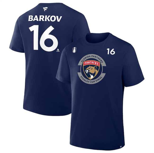 Men's Navy Florida Panthers #16 Aleksander Barkov 2025 Stanley Cup Final Pro Name & Number T-Shirt